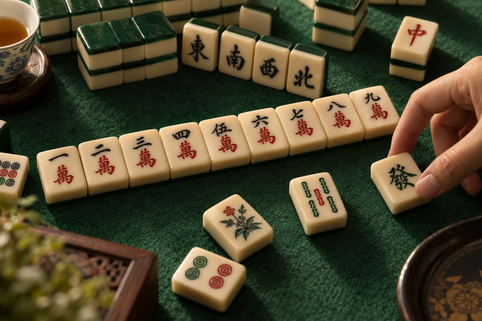 Ivory mahjong tiles on a green felt table